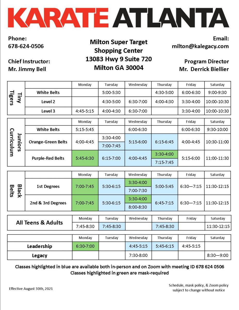 New Schedule | Karate Atlanta | Milton, Georgia